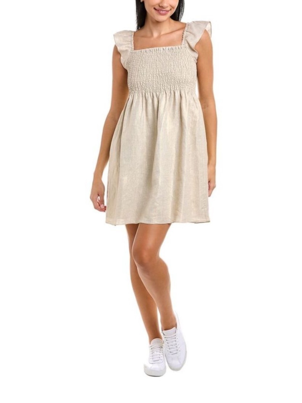 Sail to Sable Square Neck 100% Linen Shimmer Mini Dress Ruffle Shoulder Size XXS